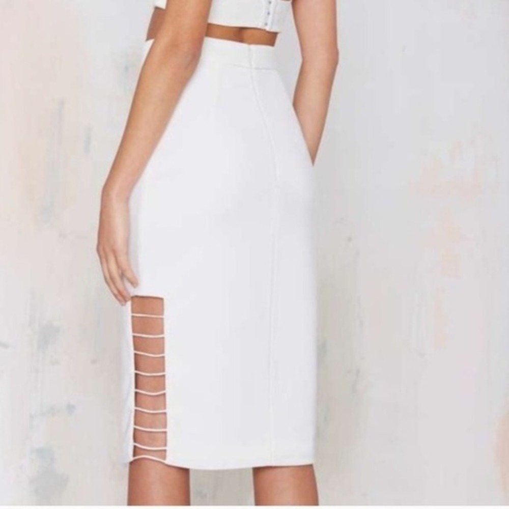 Cameo White Side Cut Out Strap Detail High‎ Waist Midi Pencil Skirt